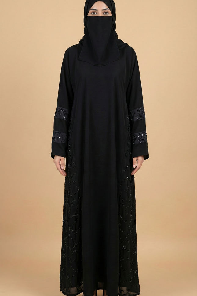 Hand Embroidered on Net  Premium Abaya for Women | Korean Nida | Elegant Islamic Dress India