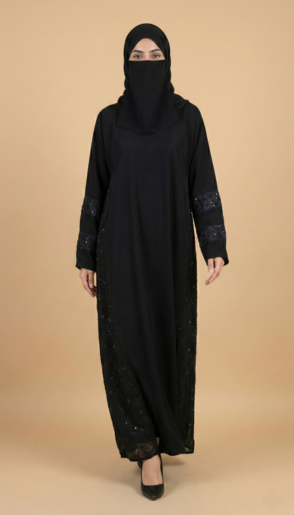 Hand Embroidered on Net  Premium Abaya for Women | Korean Nida | Elegant Islamic Dress India