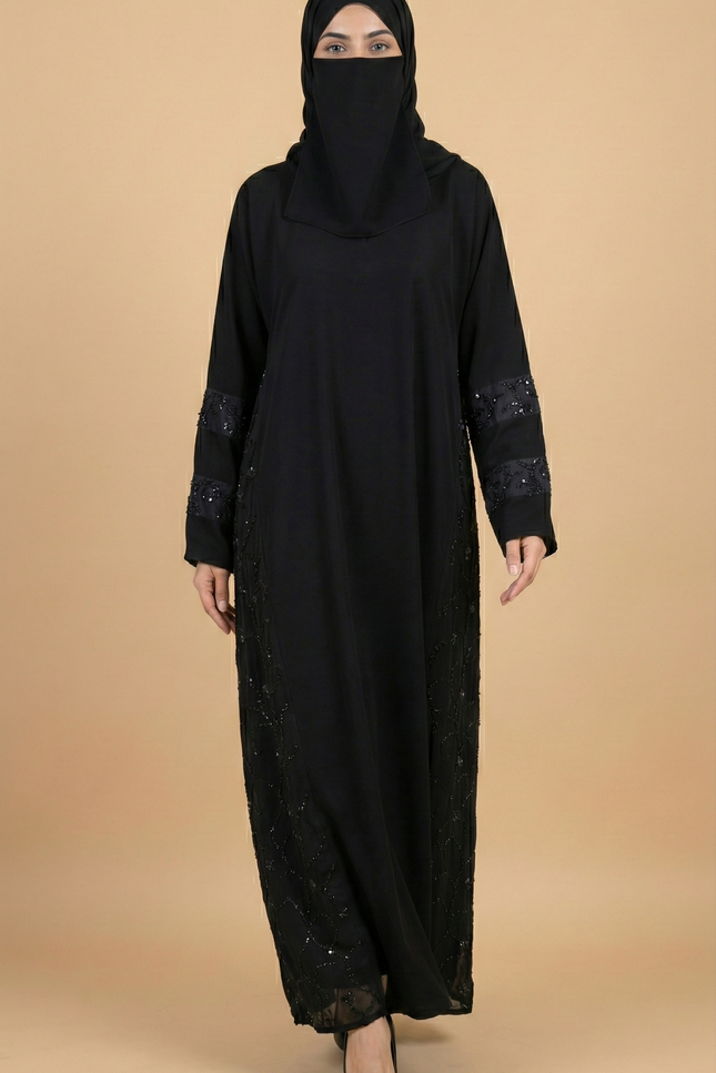 Hand Embroidered on Net  Premium Abaya for Women | Korean Nida | Elegant Islamic Dress India