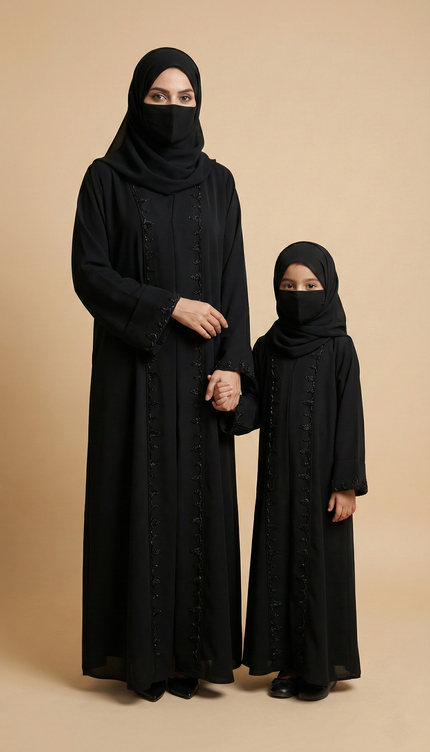 Luxury Mother-Daughter Black Abaya Set | Korean Nida & Chiffon Wool Peach | Embroidered A-Line Semi Jacket