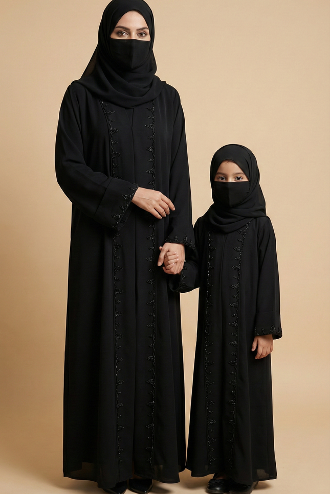 Luxury Mother-Daughter Black Abaya Set | Korean Nida & Chiffon Wool Peach | Embroidered A-Line Semi Jacket