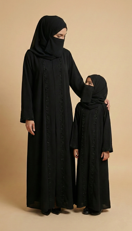 Luxury Mother-Daughter Black Abaya Set | Korean Nida & Chiffon Wool Peach | Embroidered A-Line Semi Jacket
