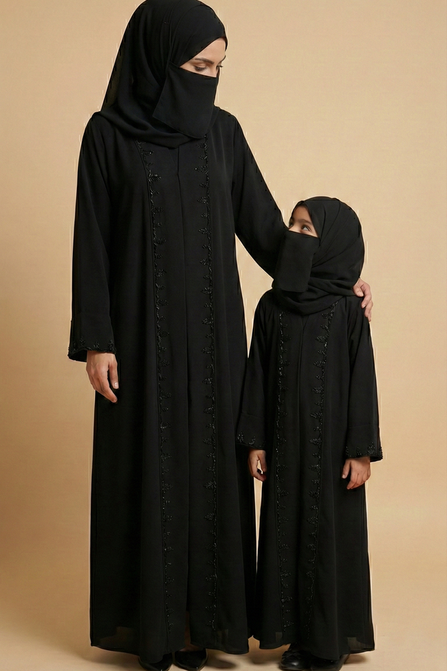Luxury Mother-Daughter Black Abaya Set | Korean Nida & Chiffon Wool Peach | Embroidered A-Line Semi Jacket
