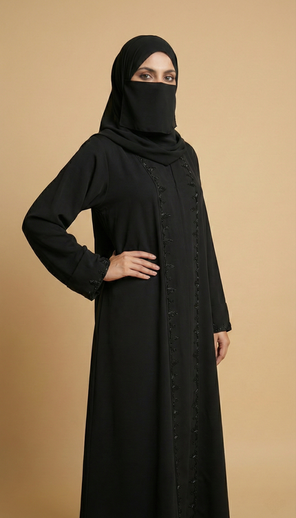 Black A-Line Semi Jacket Abaya with Cutdana Embroidery