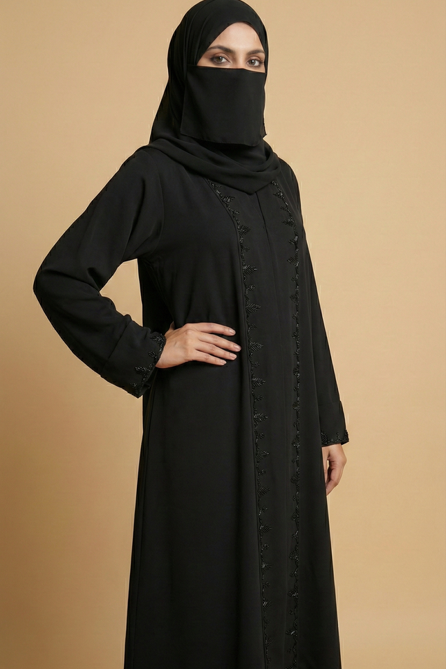 Black A-Line Semi Jacket Abaya with Cutdana Embroidery