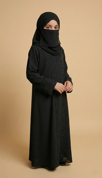 Luxury Mother-Daughter Black Abaya Set | Korean Nida & Chiffon Wool Peach | Embroidered A-Line Semi Jacket