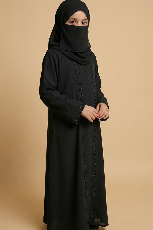 Luxury Mother-Daughter Black Abaya Set | Korean Nida & Chiffon Wool Peach | Embroidered A-Line Semi Jacket
