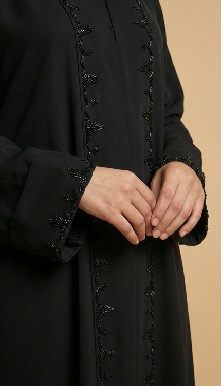 Black A-Line Semi Jacket Abaya with Cutdana Embroidery