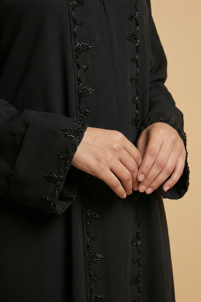 Luxury Mother-Daughter Black Abaya Set | Korean Nida & Chiffon Wool Peach | Embroidered A-Line Semi Jacket