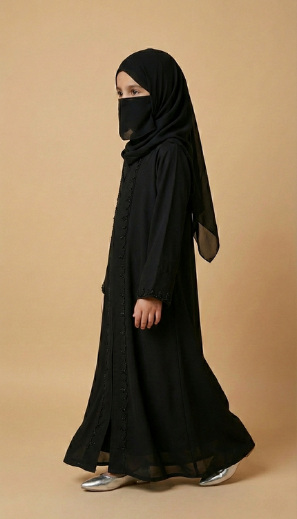 Luxury Mother-Daughter Black Abaya Set | Korean Nida & Chiffon Wool Peach | Embroidered A-Line Semi Jacket