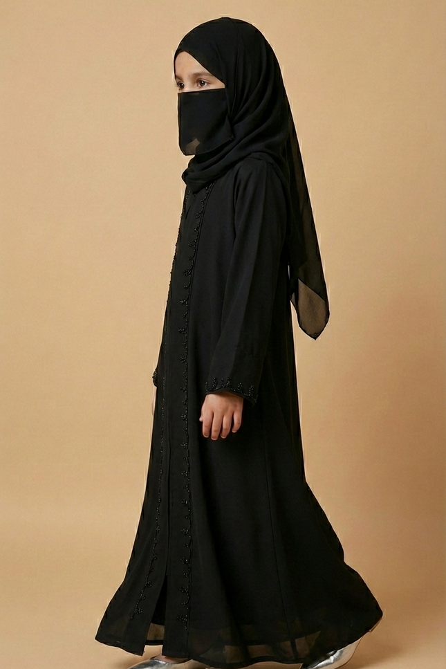 Luxury Mother-Daughter Black Abaya Set | Korean Nida & Chiffon Wool Peach | Embroidered A-Line Semi Jacket