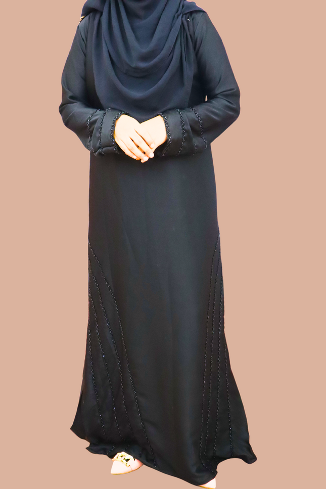 Black Fancy Embroidered A-Line Abaya - Side handwork with new pattern - Using Imported Korean Nida Fabric