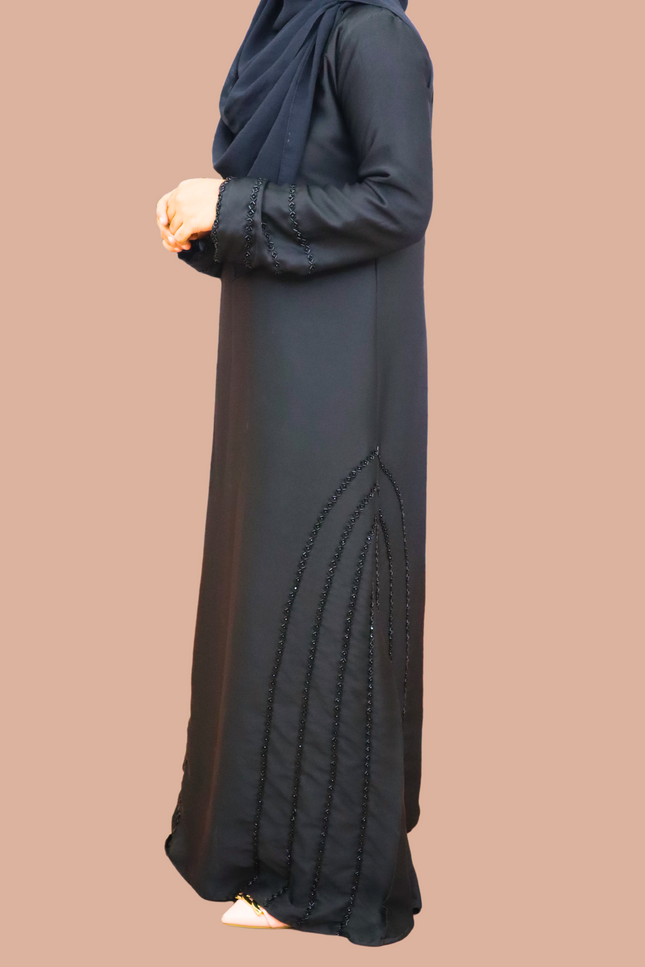 Black Fancy Embroidered A-Line Abaya - Side handwork with new pattern - Using Imported Korean Nida Fabric