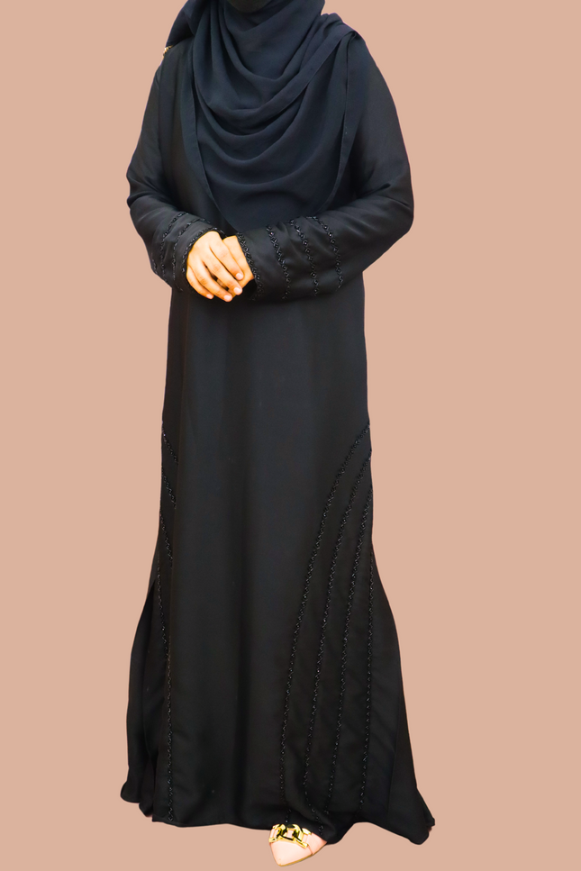 Black Fancy Embroidered A-Line Abaya - Side handwork with new pattern - Using Imported Korean Nida Fabric