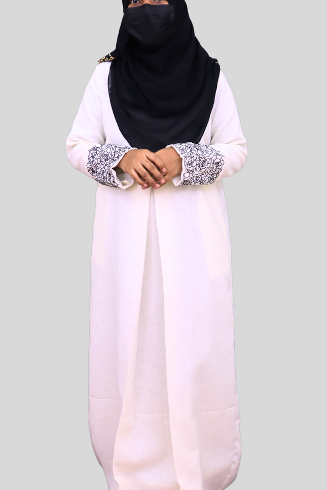 Flower Pattern Embroidered A-Line Abaya – A Perfect Blend of Elegance &amp; Comfort - Using LInen Fabric