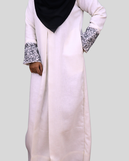 Flower Pattern Embroidered A-Line Abaya – A Perfect Blend of Elegance &amp; Comfort - Using LInen Fabric