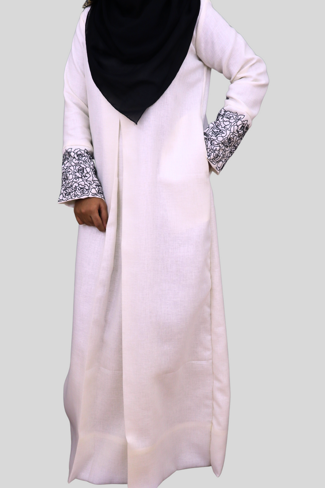 Flower Pattern Embroidered A-Line Abaya – A Perfect Blend of Elegance &amp; Comfort - Using LInen Fabric