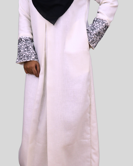 Flower Pattern Embroidered A-Line Abaya – A Perfect Blend of Elegance &amp; Comfort - Using LInen Fabric