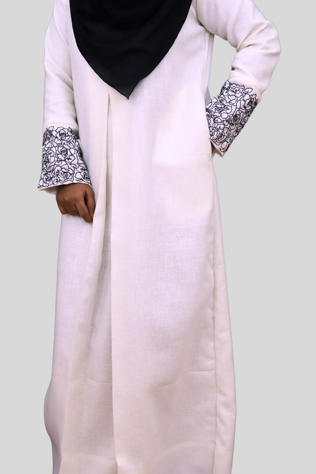 Flower Pattern Embroidered A-Line Abaya – A Perfect Blend of Elegance &amp; Comfort - Using LInen Fabric