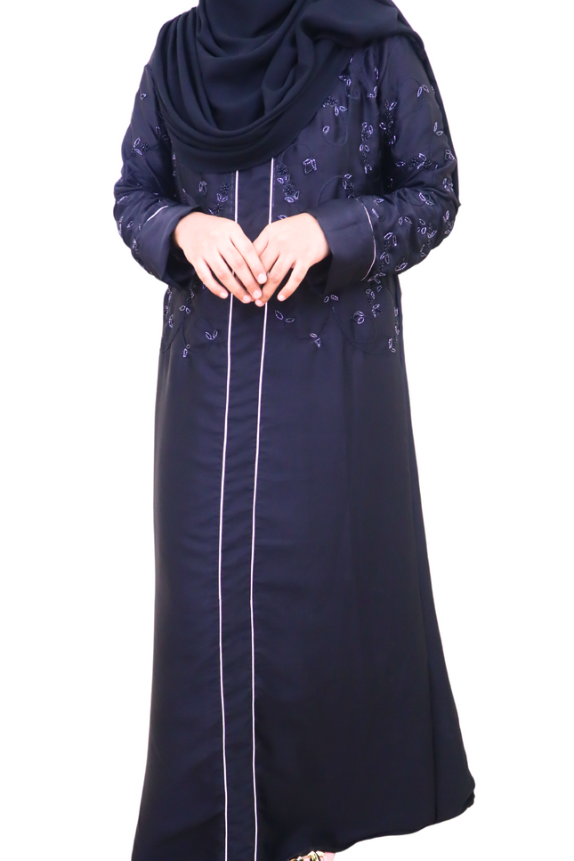 Black Kudi Pattern Heavy Bead Embroidered Front Closed Abaya – Using Imported Korean Nida