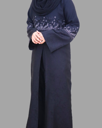 Black Heavy Embroidered A-Line Abaya with Marble Print – Premium Imported Korean Nida Fabric