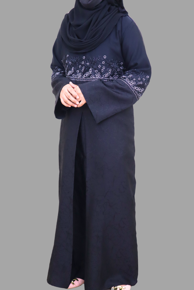 Black Heavy Embroidered A-Line Abaya with Marble Print – Premium Imported Korean Nida Fabric