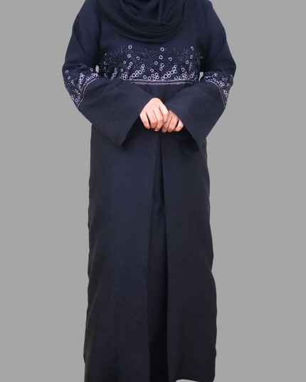 Black Heavy Embroidered A-Line Abaya with Marble Print – Premium Imported Korean Nida Fabric