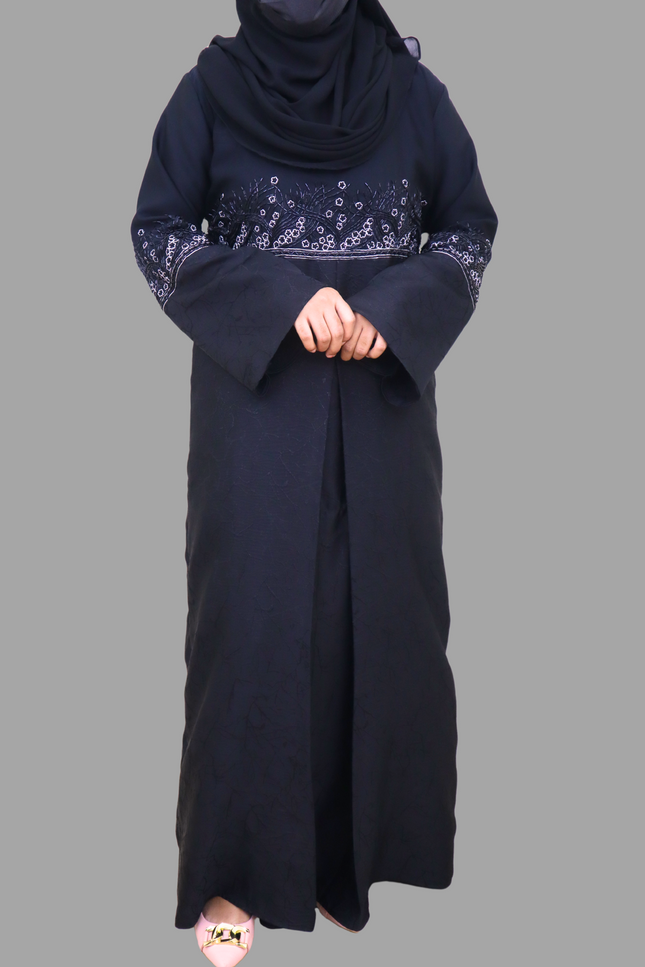 Black Heavy Embroidered A-Line Abaya with Marble Print – Premium Imported Korean Nida Fabric