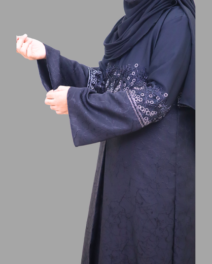 Black Heavy Embroidered A-Line Abaya with Marble Print – Premium Imported Korean Nida Fabric