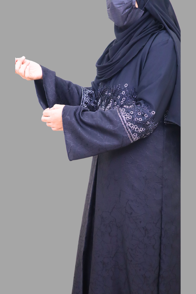 Black Heavy Embroidered A-Line Abaya with Marble Print – Premium Imported Korean Nida Fabric