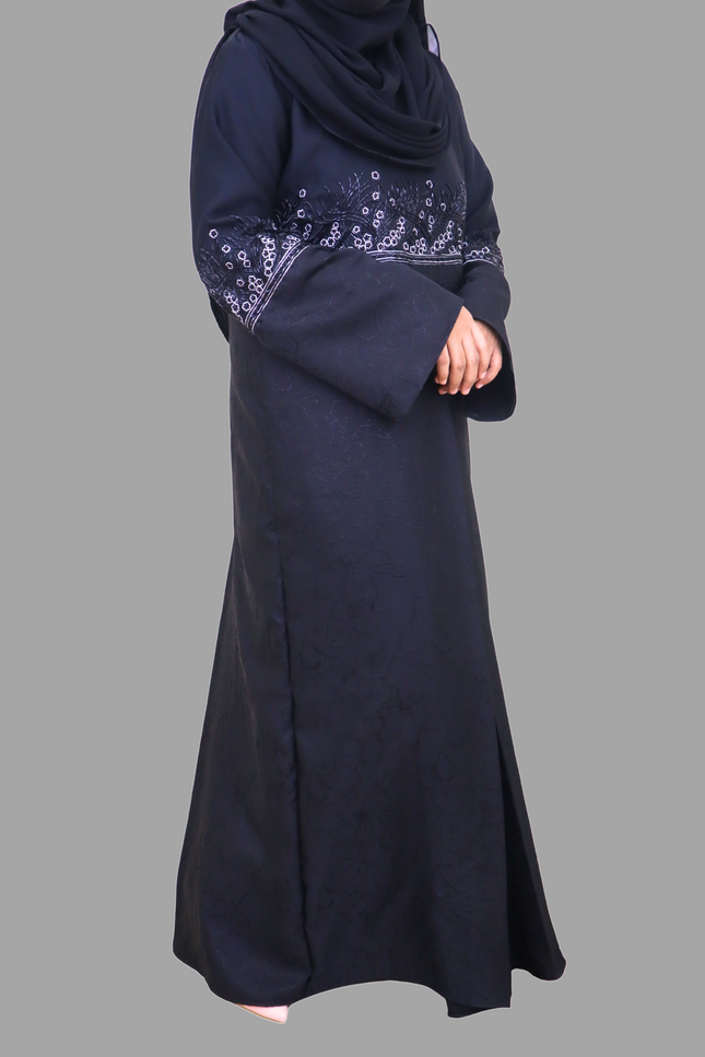 Black Heavy Embroidered A-Line Abaya with Marble Print – Premium Imported Korean Nida Fabric