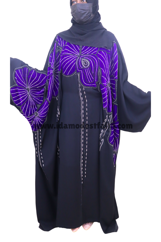 New Designer Farasha Abaya With Velvet flower Design unique handwork using Imported korean Nida fabric