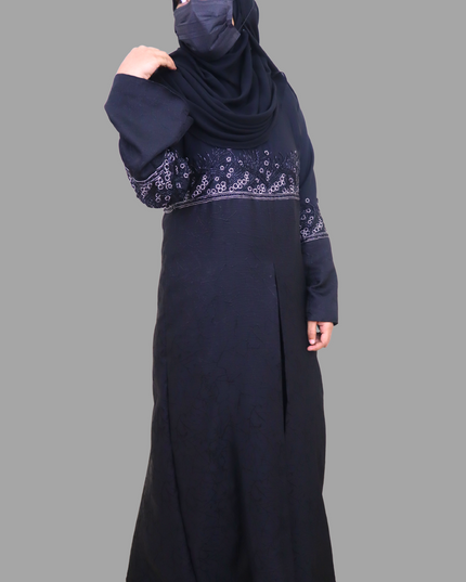 Black Heavy Embroidered A-Line Abaya with Marble Print – Premium Imported Korean Nida Fabric