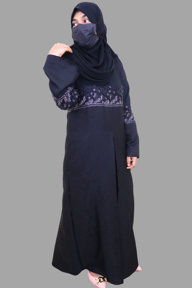 Black Heavy Embroidered A-Line Abaya with Marble Print – Premium Imported Korean Nida Fabric