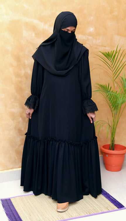 Black Fancy Sleeves Abaya with Drawstring Cuffs, Frills & Tiered Ruffles - Daily Wear Abaya- Using Imported Korean Nida