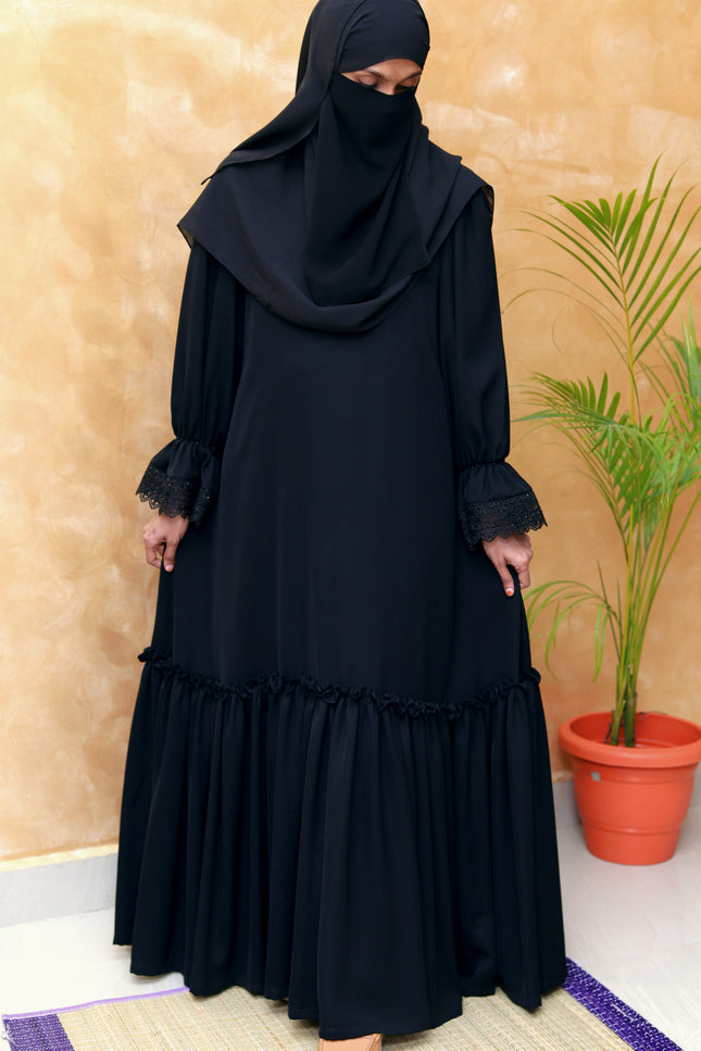 Black Fancy Sleeves Abaya with Drawstring Cuffs, Frills & Tiered Ruffles - Daily Wear Abaya- Using Imported Korean Nida