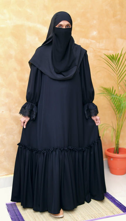 Black Fancy Sleeves Abaya with Drawstring Cuffs, Frills & Tiered Ruffles - Daily Wear Abaya- Using Imported Korean Nida