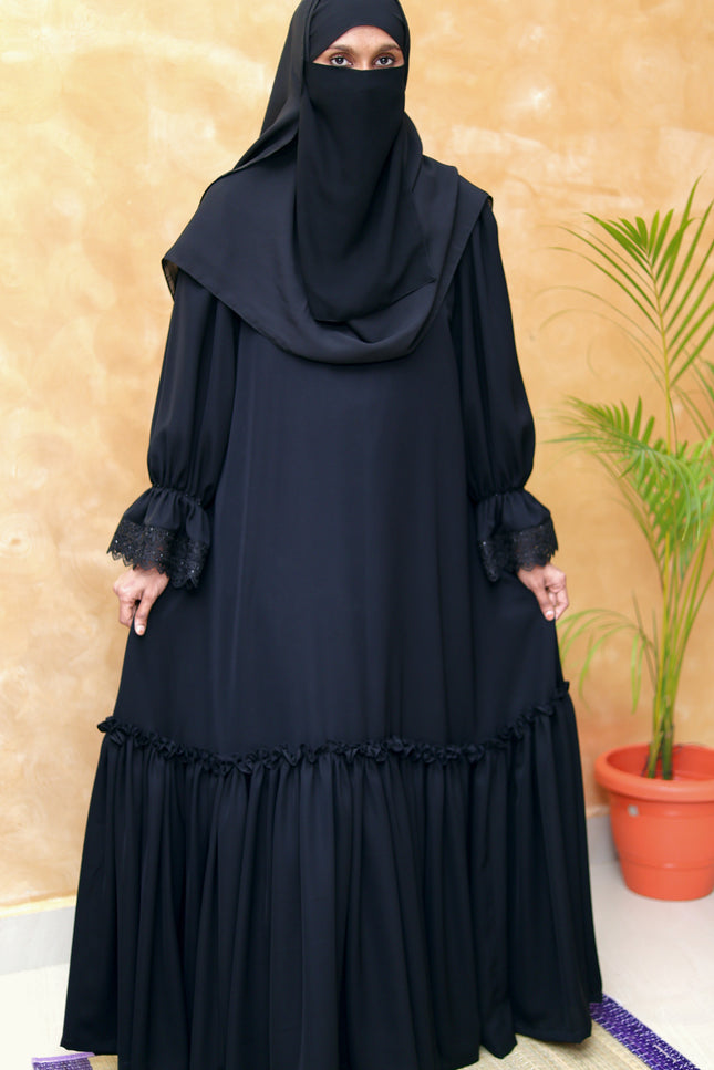 Black Fancy Sleeves Abaya with Drawstring Cuffs, Frills & Tiered Ruffles - Daily Wear Abaya- Using Imported Korean Nida