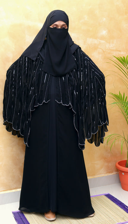 Cape Abaya - Imported Korean Nida With Cape Handwork with Wool Chiffon