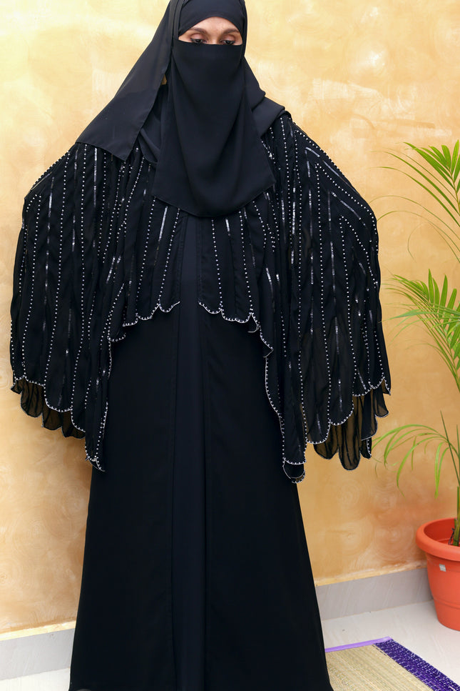 Cape Abaya - Imported Korean Nida With Cape Handwork with Wool Chiffon
