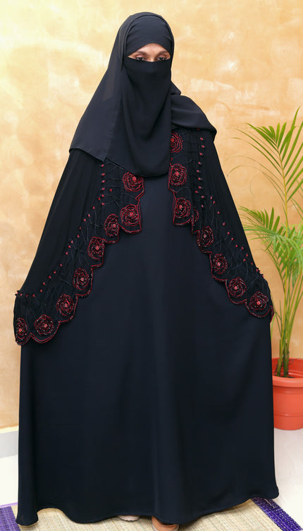 Rose 3D-Embroidered Cape Abaya | Premium Korean Nida