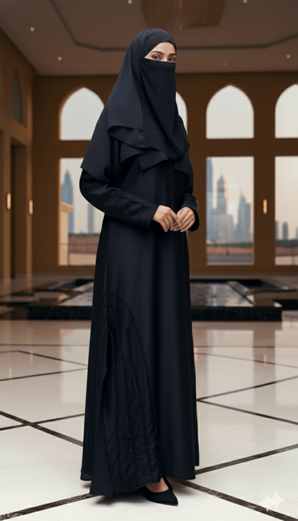 Black Fancy Embroidered A‑Line Abaya | Pearl & Bead Side Detailing | Designer