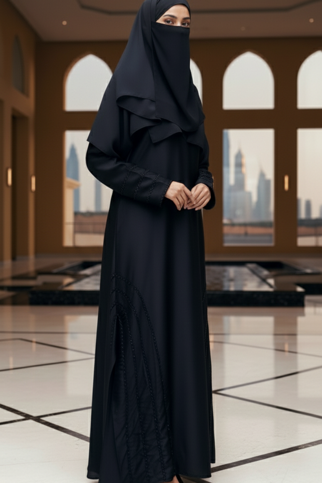 Black Fancy Embroidered A‑Line Abaya | Pearl & Bead Side Detailing | Designer