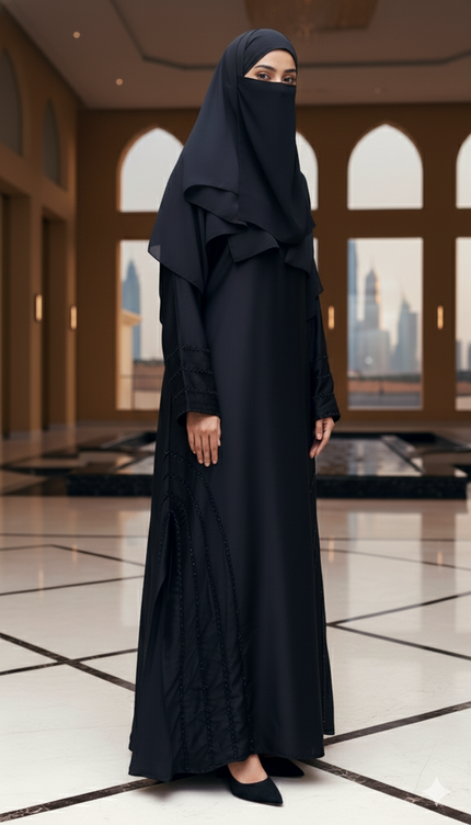 Black Fancy Embroidered A‑Line Abaya | Pearl & Bead Side Detailing | Designer
