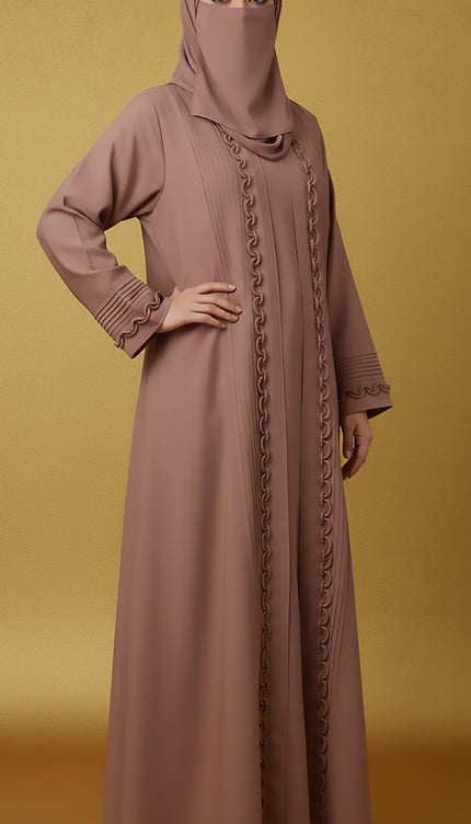 Luxury Mocha Semi Jacket-Style Abaya | Fabric Manipulation Design in Premium Imported Korean Nida