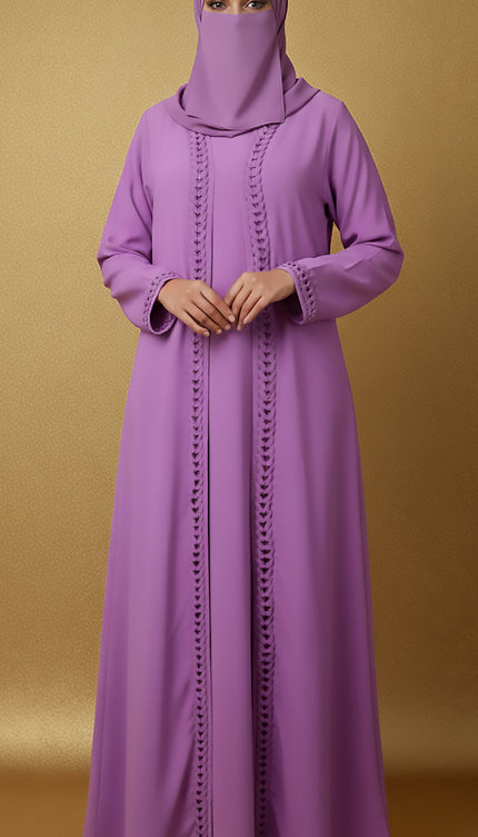 Lavender Semi Jacket-Style Abaya with Fabric Manipulation | Korean Nida