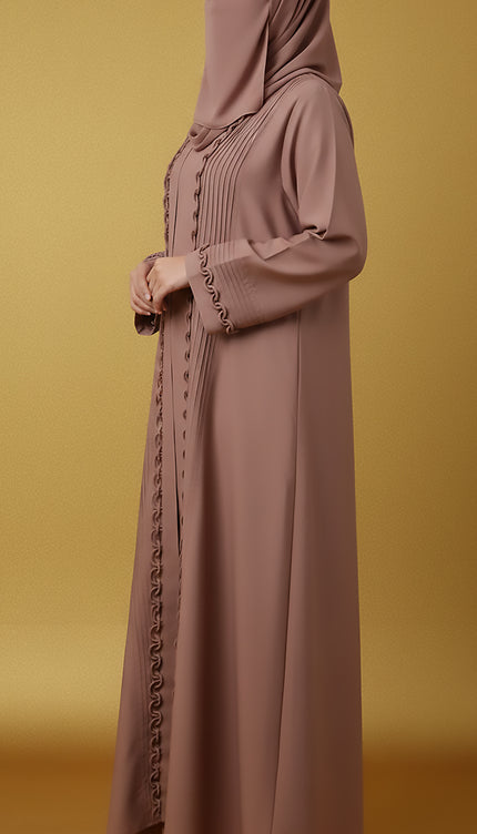 Luxury Mocha Semi Jacket-Style Abaya | Fabric Manipulation Design in Premium Imported Korean Nida