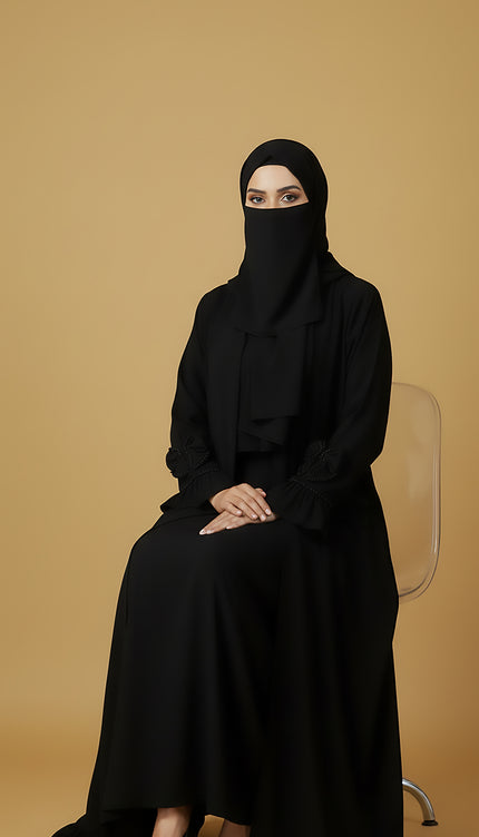 T-Shirt Semi Jacket Style Abaya | Front Pockets, Satin Frill Detailing & Minimal Handwork