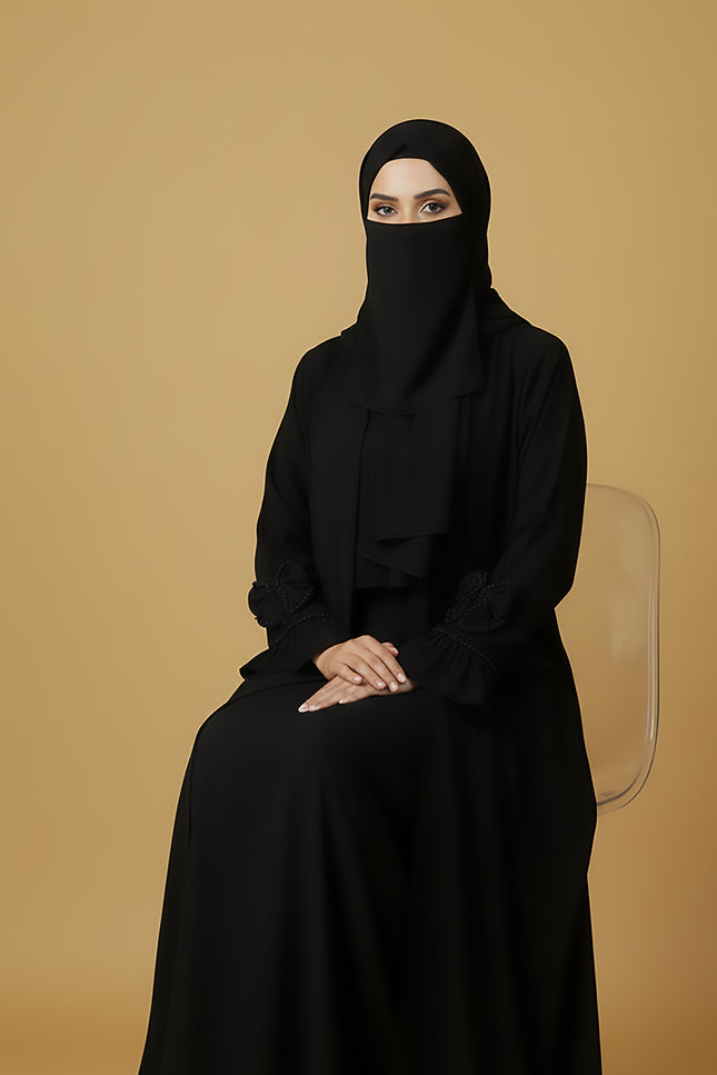 T-Shirt Semi Jacket Style Abaya | Front Pockets, Satin Frill Detailing & Minimal Handwork