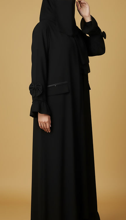 T-Shirt Semi Jacket Style Abaya | Front Pockets, Satin Frill Detailing & Minimal Handwork